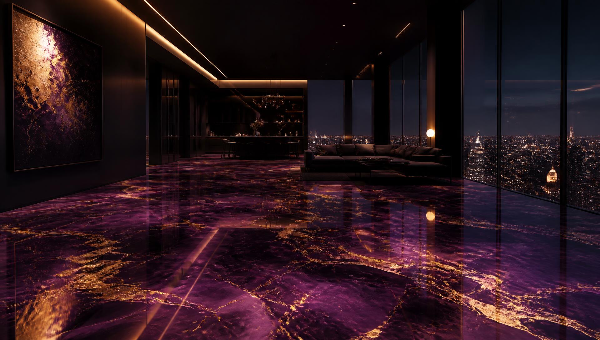 Luxury penthouse with a purple and gold marble resin floor